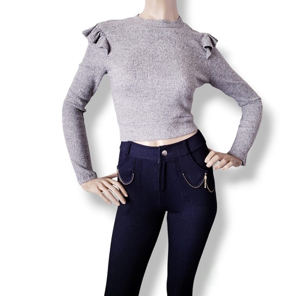 Heart & Hips Gray Ribbed Ruffled Shoulder Cropped Sweater Top - Picture 8 of 8